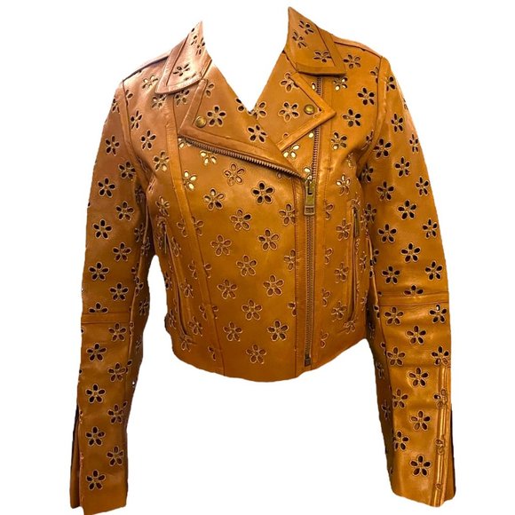 Burberry Lambskin Laser Cut Flower Perforated Motorcycle Biker Jacket Camel Sz4 - Picture 2 of 16